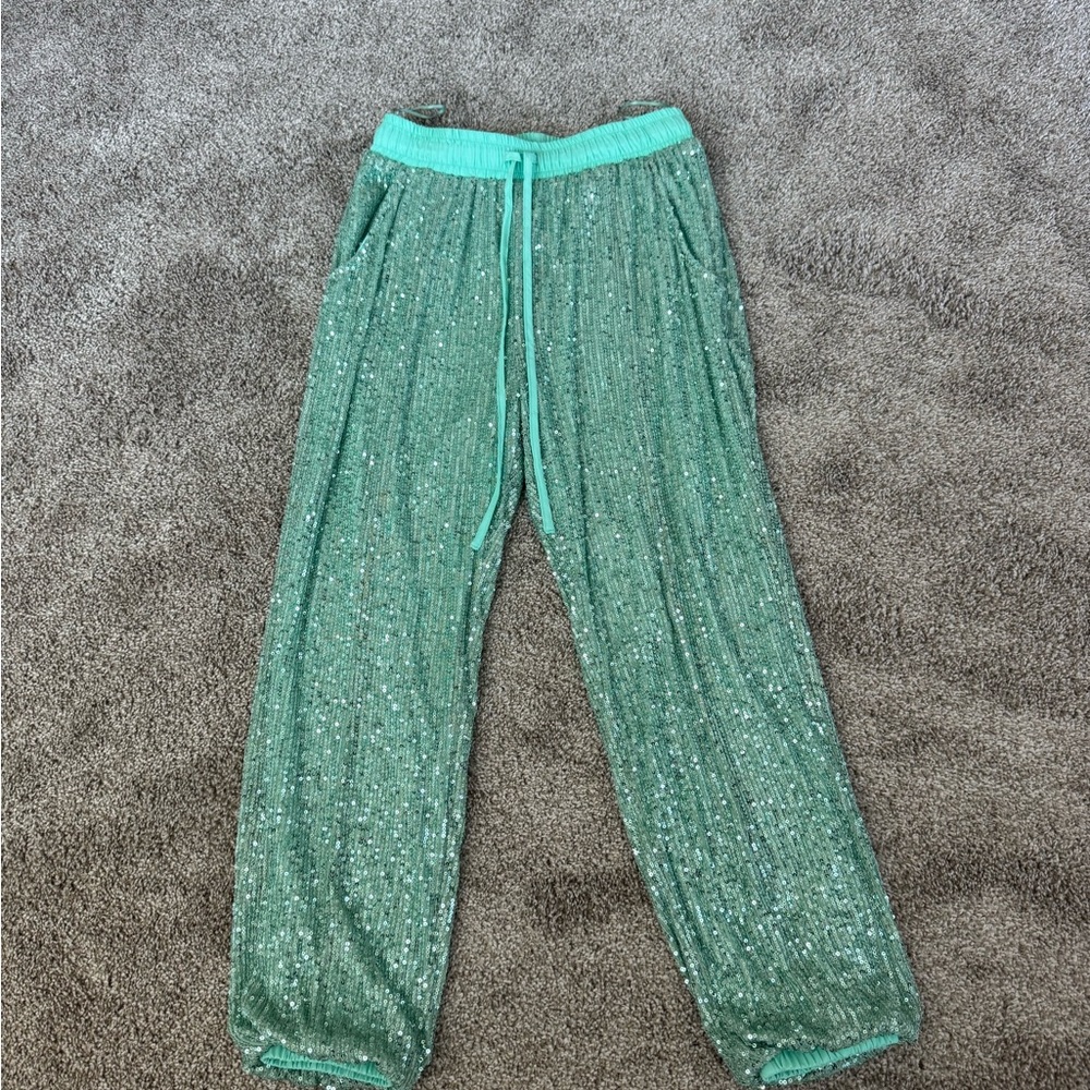 Mint Sequin High-Waisted Drawstring Pants - image 4
